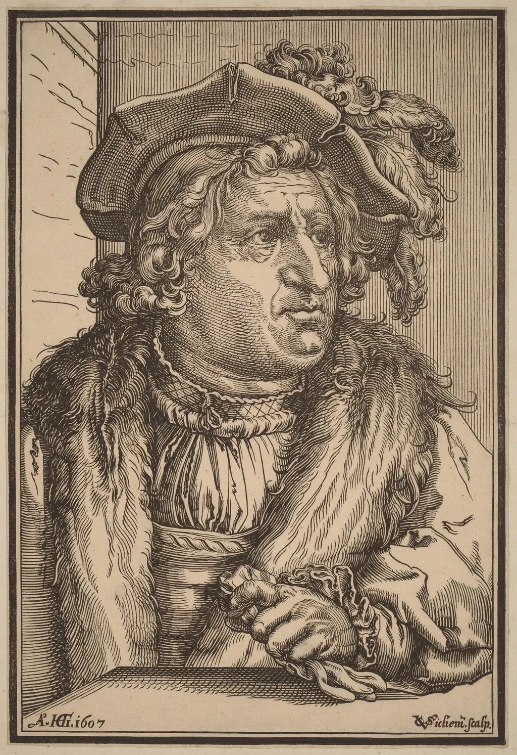 Man with a Plumed Cap, by Christoffel van Sichem I, ink, 1607