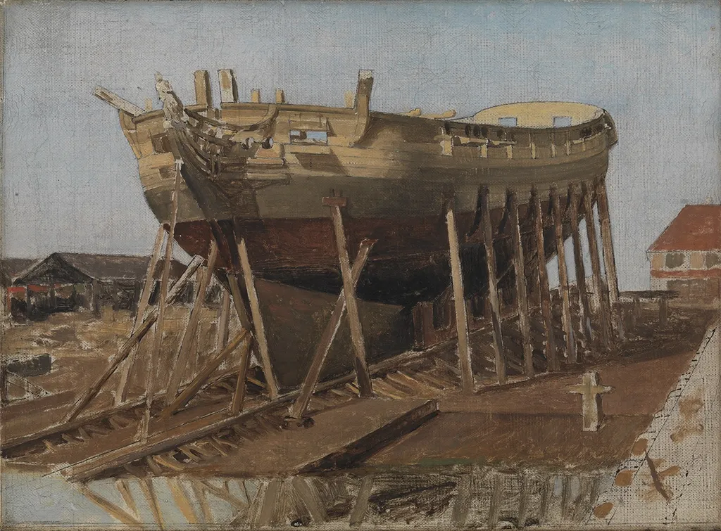 A Corvette on the Stocks. Copenhagen, by Christoffer Wilhelm Eckersberg, oil, 1828