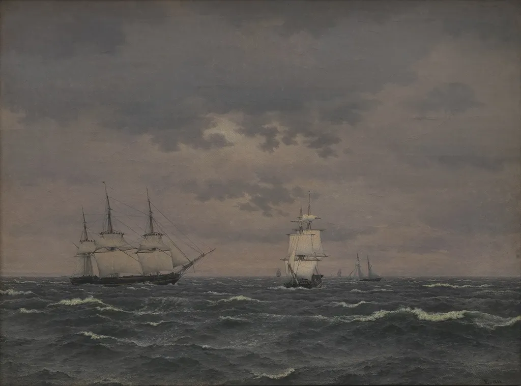 A Corvette Reefing Sails in a Freshening Wind and some other Ships, by Christoffer Wilhelm Eckersberg, oil, 1836