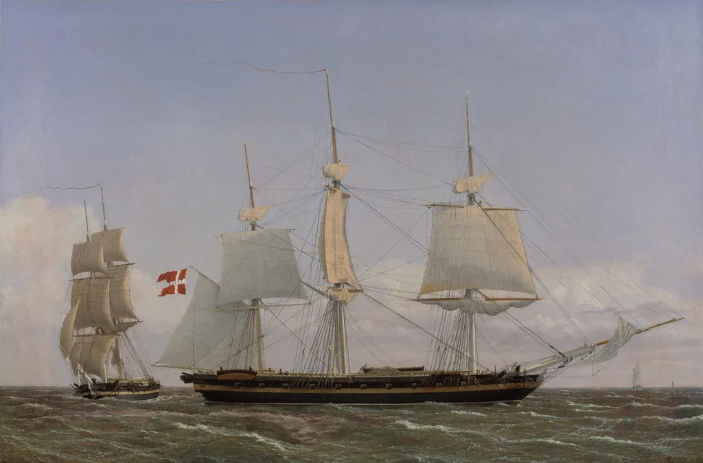 A Danish Corvette Laying t in order to Confer with a Danish Brig: The Scene Being Set in West Indian Waters, by Christoffer Wilhelm Eckersberg, oil, 1827