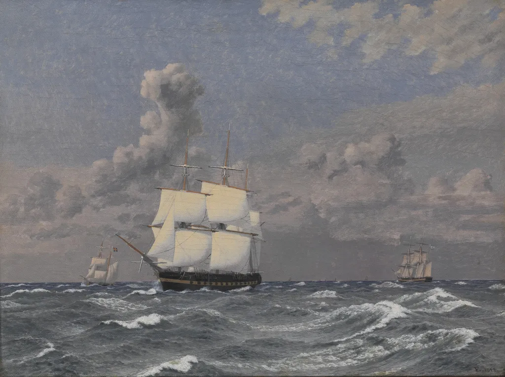 A Frigate and some other Ships Cruising, by Christoffer Wilhelm Eckersberg, oil, 1845
