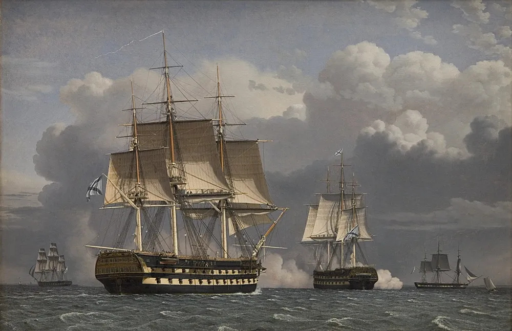Two Russian Ships of the Line Saluting, by Christoffer Wilhelm Eckersberg, oil, 1827