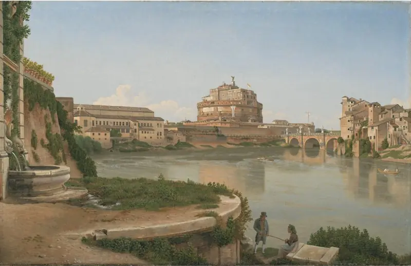 Udsigt over Tiberen fra Trastevere mod Engelsborg og Ponte San Angelo, by Christoffer Wilhelm Eckersberg