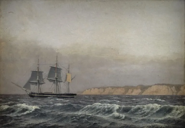 View of the Cliffs of Møn and a Corvette, by Christoffer Wilhelm Eckersberg, unspecified, 1833