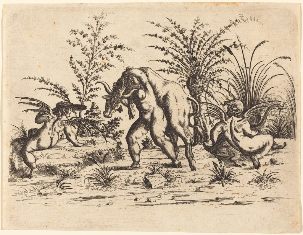 Three Putti with a Dead Bull, by Christoph Jamnitzer, ink, 1610