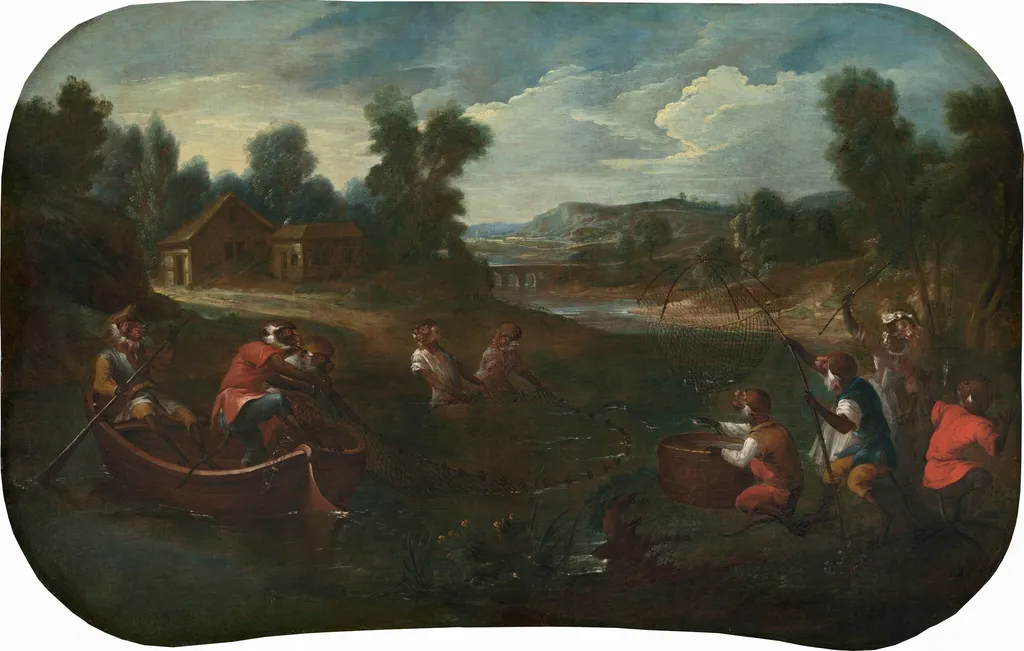 Singerie: The Fishermen, by Christophe Huet, oil, 1739