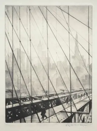 Looking through Brooklyn Bridge, by Christopher Nevinson