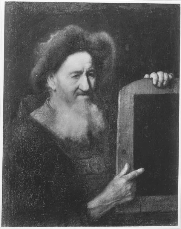 Old man with a slate, by Christopher Paudiß, oil, 1645