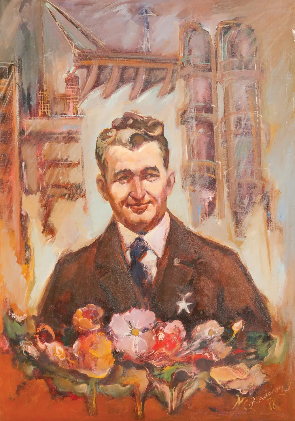 Tablou, ulei pe pânză, „Portret Nicolae Ceaușescu”, semnat C. Radovan și datat în partea dreaptă jos 1978. Nicolae Ceaușescu este reprezentat înt-o atitudine jovială, în piept are însemnul ”Erou al Republicii Socialiste România”. Pe fundal realizări ale regimului comunist. Oferit de Comitetul Județean de Partid Timiș, 22 ianuarie 1978., by Ciprian Radovan