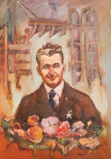Tablou, ulei pe pânză, „Portret Nicolae Ceaușescu”, semnat C. Radovan și datat în partea dreaptă jos 1978. Nicolae Ceaușescu este reprezentat înt-o atitudine jovială, în piept are însemnul ”Erou al Republicii Socialiste România”. Pe fundal realizări ale regimului comunist. Oferit de Comitetul Județean de Partid Timiș, 22 ianuarie 1978., by Ciprian Radovan