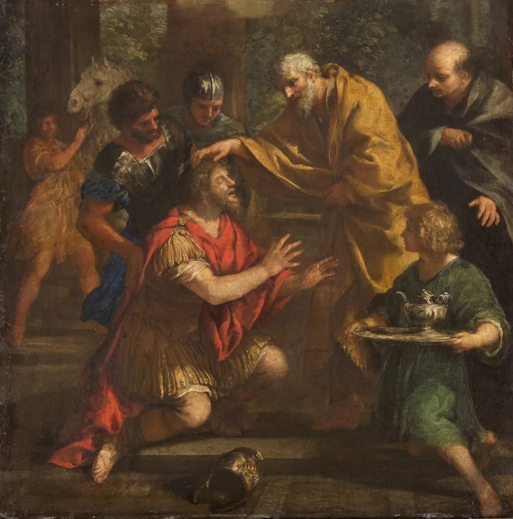 Ananias of Damascus lays his hand on Saul, by Ciro Ferri, oil, 1660