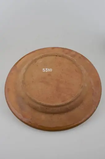 Blid tronconic cu fund plat, margine puțin ridicată și buza ușor oblică. Decor cu motive aviforme și florale: cocoș pe centru și o floare; pe margine, circular, motive geometrice (semicercuri, liniare, punctate, zig-zag). Cromatică: fond: cărămiziu; motive: maro; verde; alb; galben., by Ciungulescu Grigore