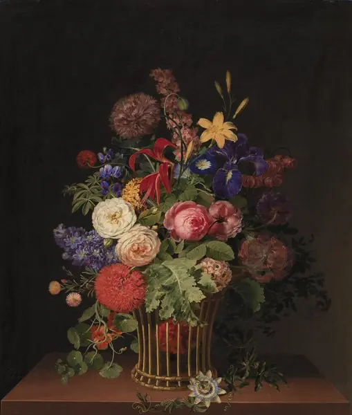 En let rørkurv med blomster, by Cladius Detlev Fritzsch