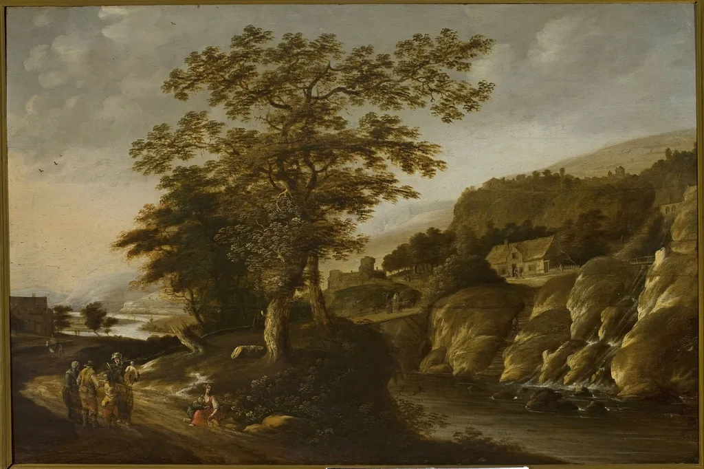 Rhine landscape with a waterfall, by Claes Jansz. van der Willigen, oil, 1663