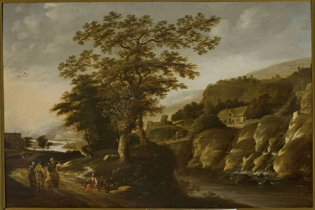 Rhine landscape with a waterfall, by Claes Jansz. van der Willigen