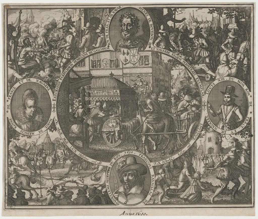 Murder of King Henry IV of France and the Execution of Francois Ravaillac, by Claes Jansz Visscher, ink, 1610