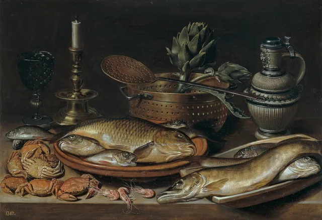 Still life of fish with a candlestick