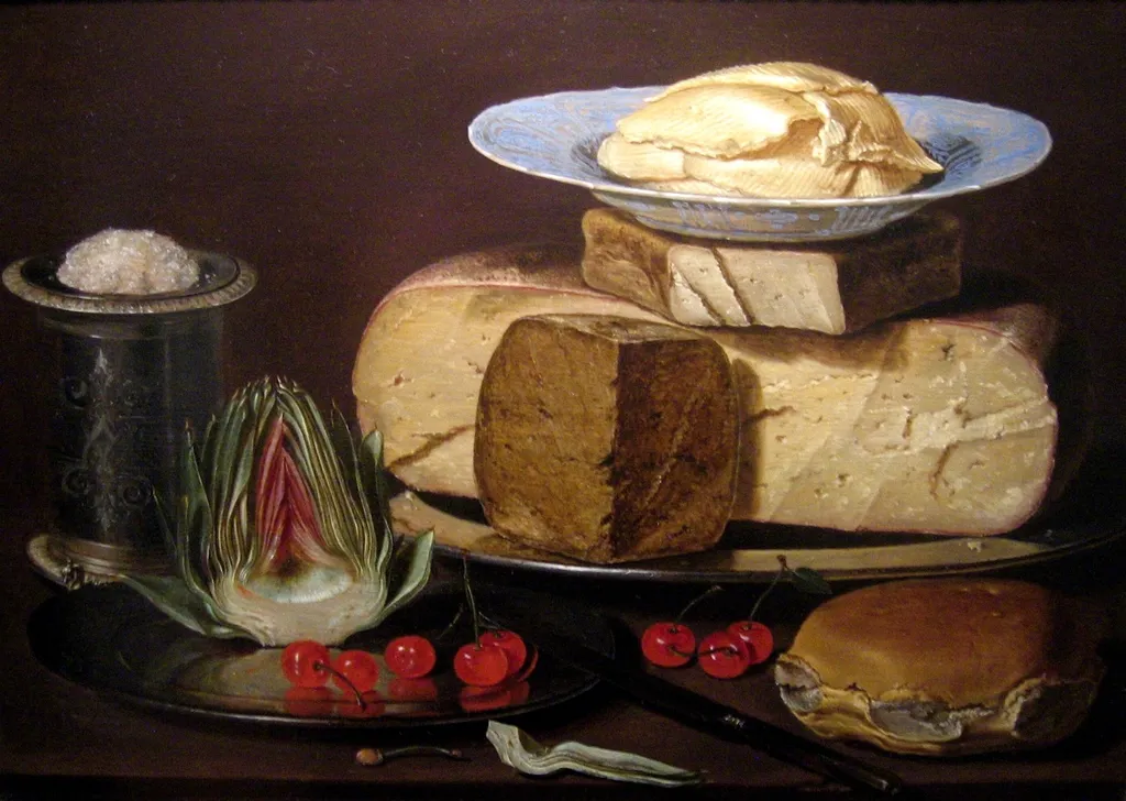 Still life with cheese, artichoke and cherries, by Clara Peeters, oil, 1625
