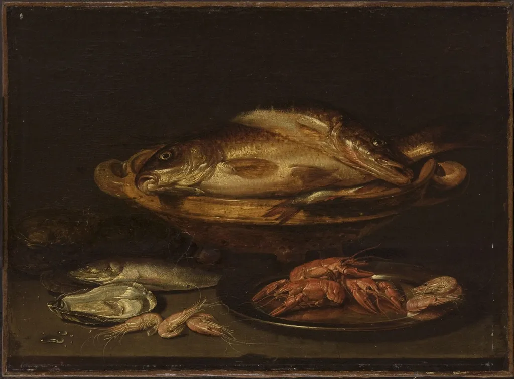 Still Life with Fish and Shellfish, by Clara Peeters, oil, 1700