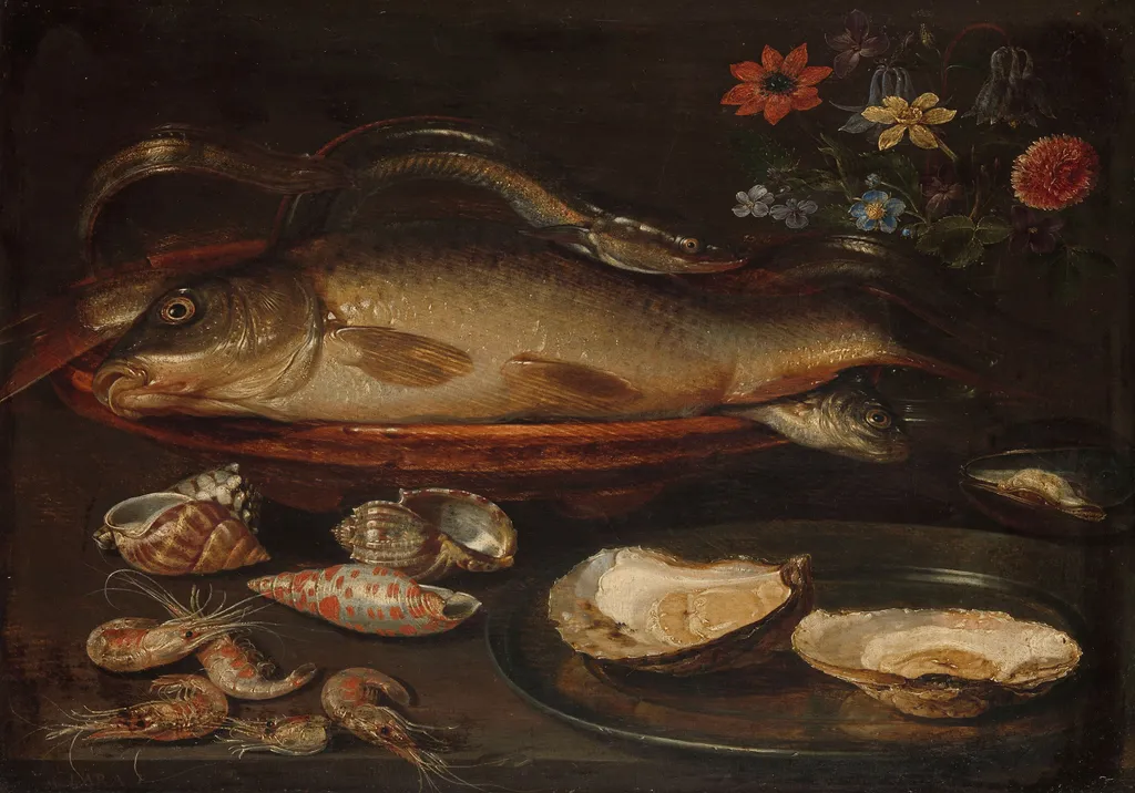 Still life with fish, oysters and shrimps, by Clara Peeters, oil, 1600