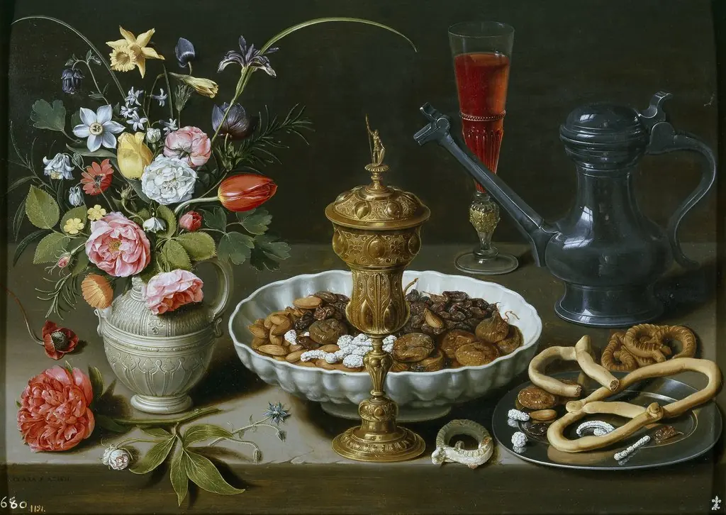 Still life with flowers, goblet and dainties