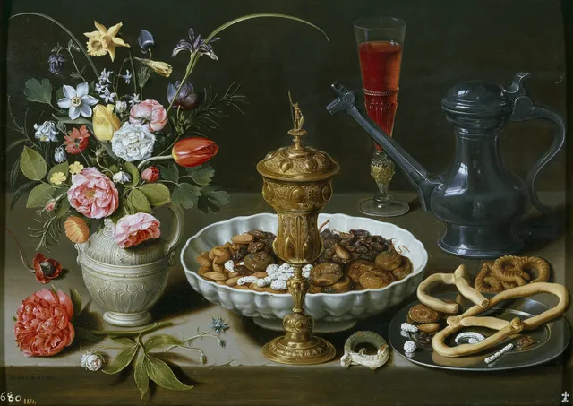Still life with flowers, goblet and dainties