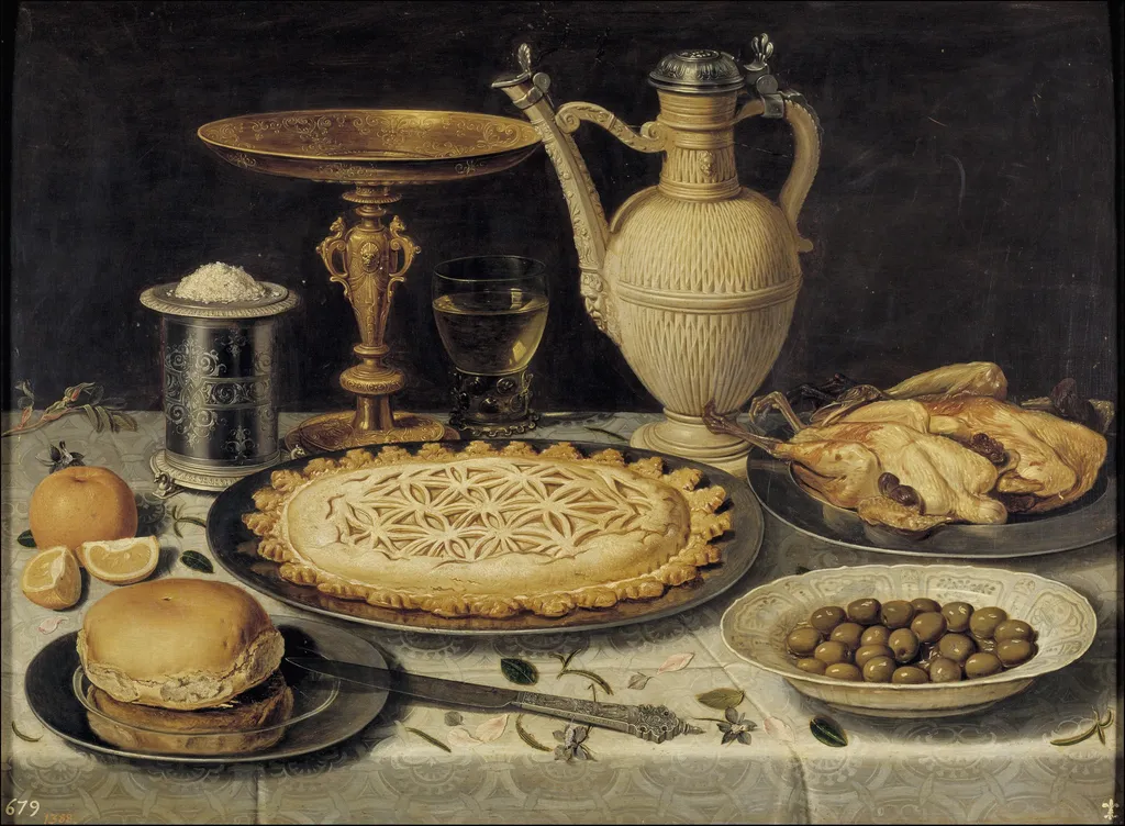 Still life with tazza, stoneware jug, saltcellar and dainties, by Clara Peeters, oil, 1611