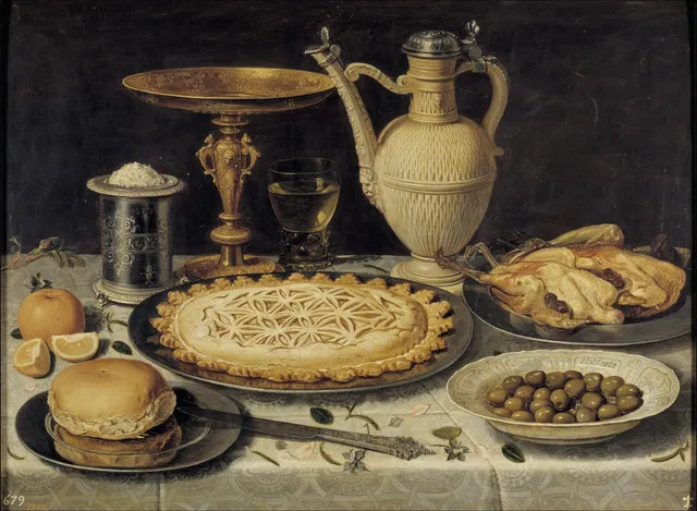 Still life with tazza, stoneware jug, saltcellar and dainties