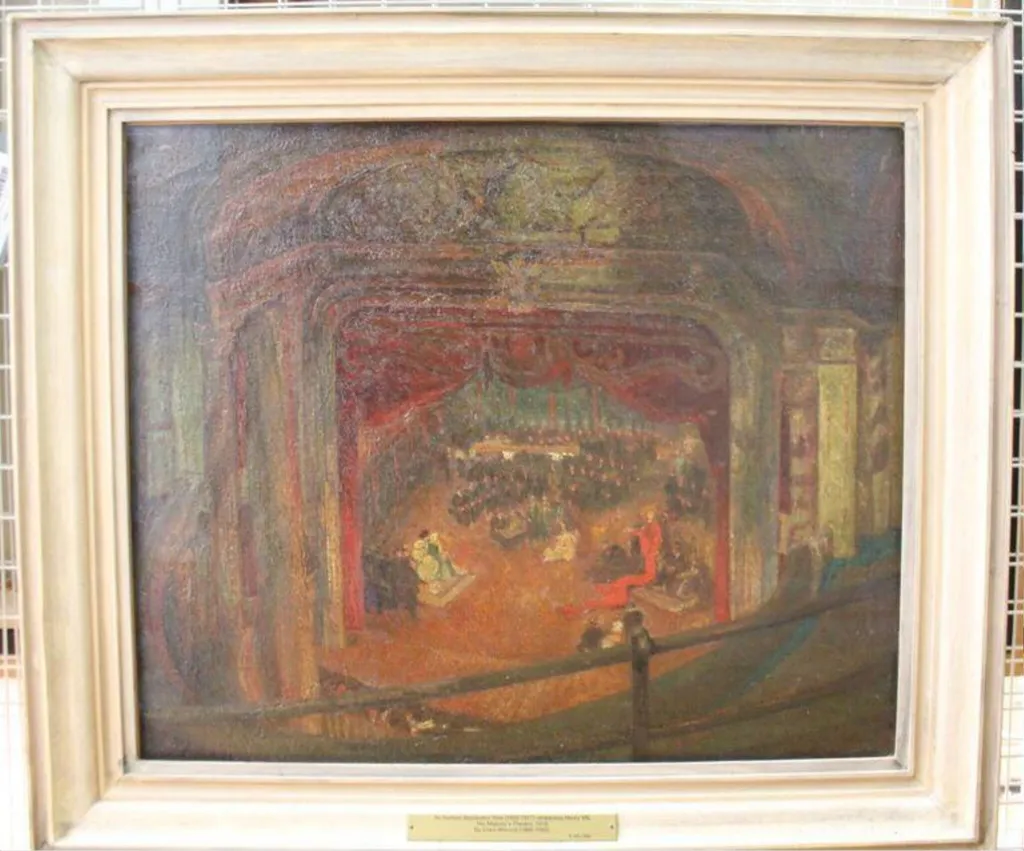 Sir Herbert Beerbohm Tree rehearsing 'Henry VIII' by William Shakespeare at His Majesty's Theatre, by Clare Atwood, paint, 1910