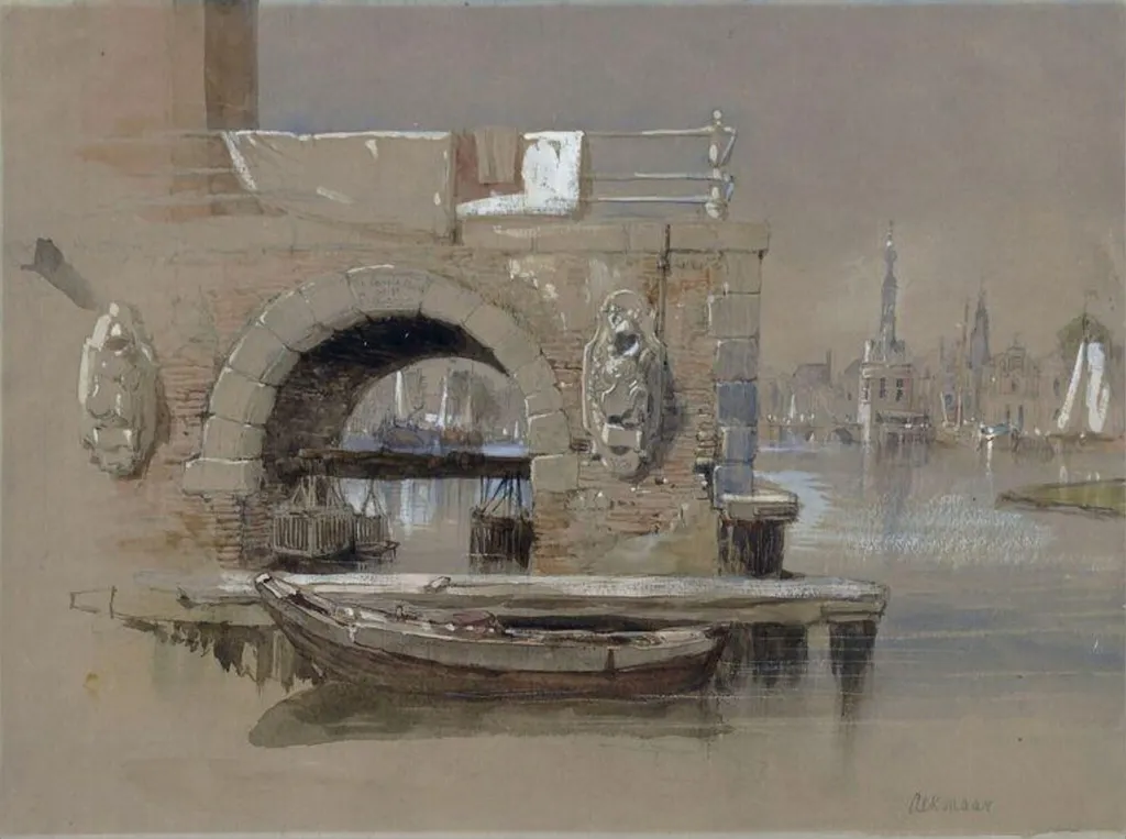Dutch Town and Harbour- Alkmaar, by Clarkson RA Stanfield, watercolor, 1850