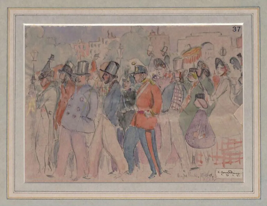 Hyde Park, 1860, by Claud Lovat Fraser, watercolor, 1915