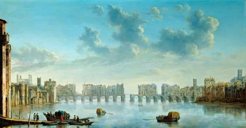View of Old London Bridge from the West, by Claude de Jongh, oil, 1650