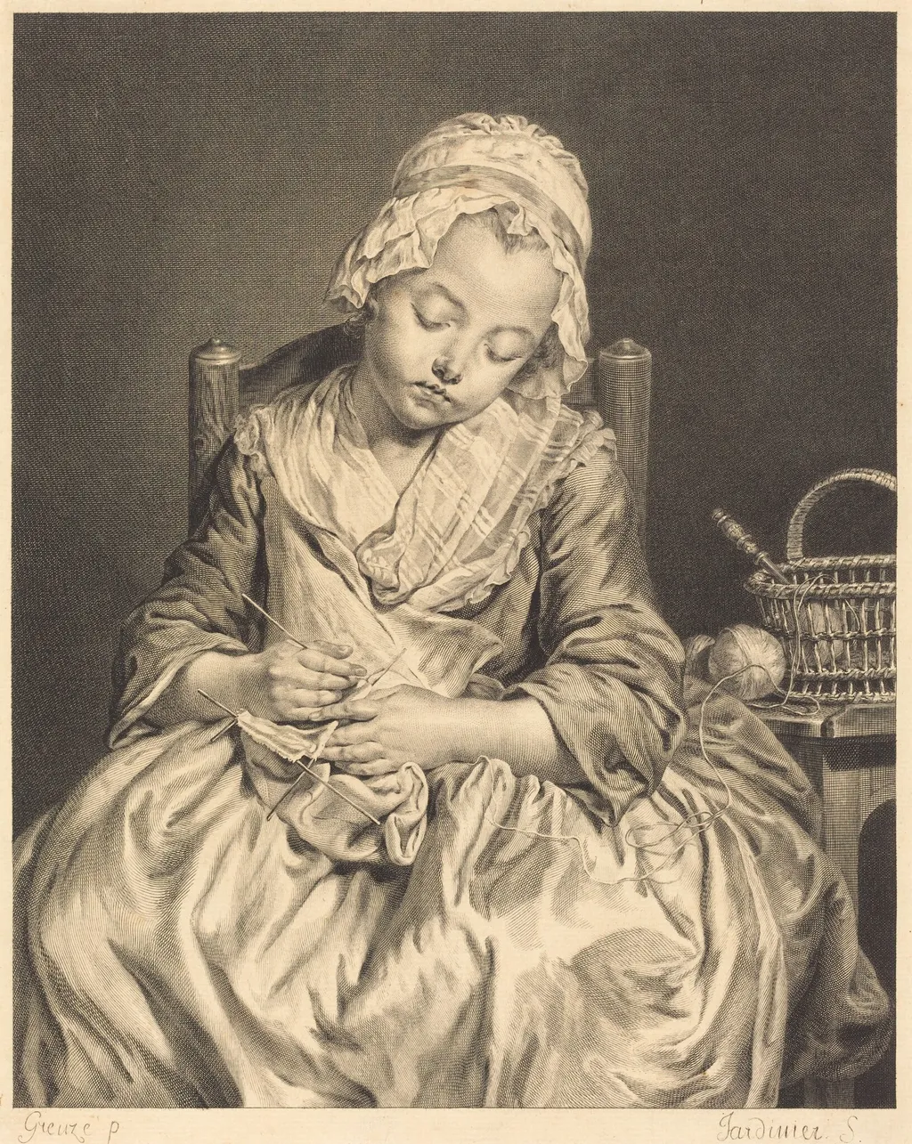 La tricoteuse endormie, by Claude-Donat Jardinier, ink, 1765