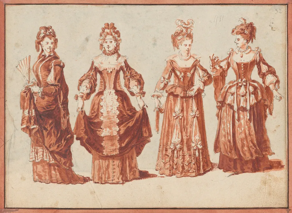 Four Actresses in Theatrical Costume, by Claude Gillot, chalk, 1721