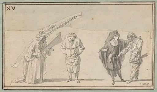 Four Commedia dell'Arte Figures: Harlequin "en femme," Mezzetin(?), Scaramouche, and Harlequin, by Claude Gillot