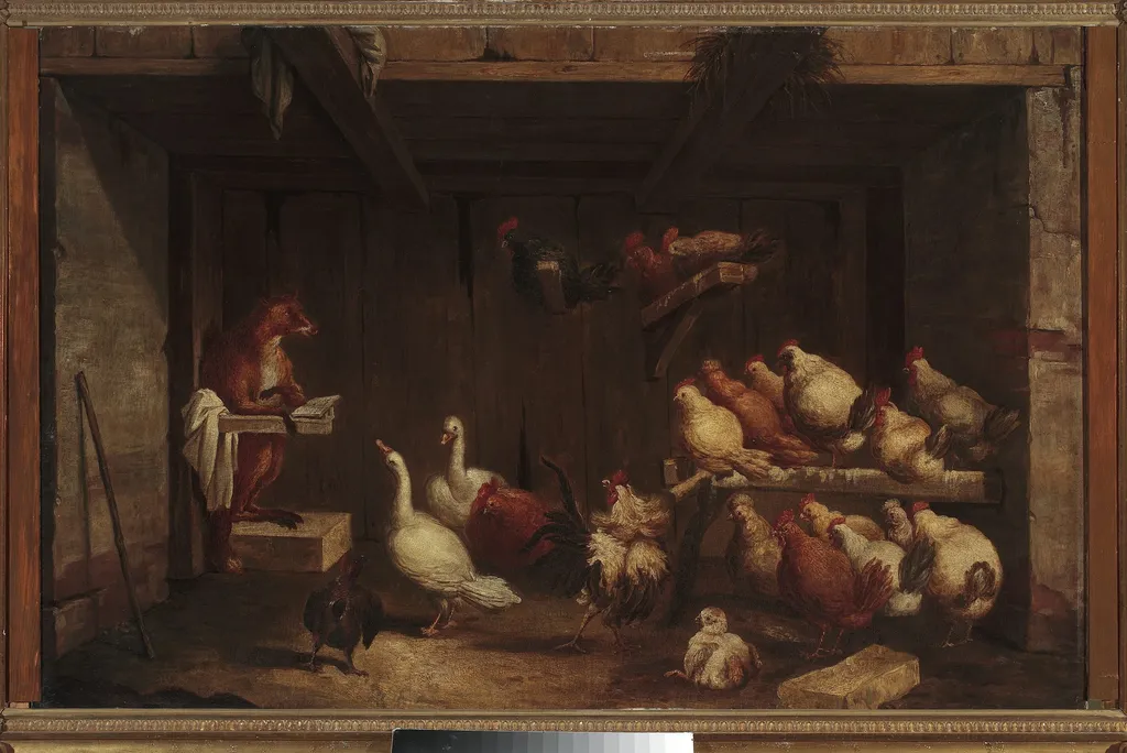 Fox preaching to birds, by Claude Gillot, oil, 1707