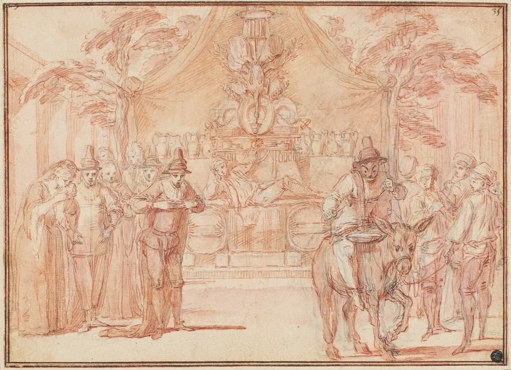 Scene from "The Tomb of Master André", by Claude Gillot, watercolor, 1706