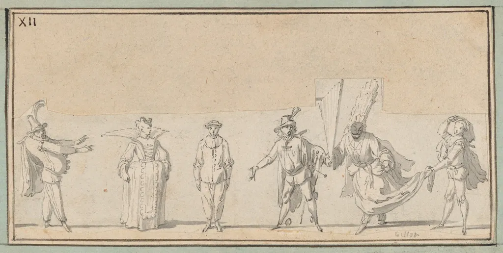 Six Studies of Commedia dell'Arte Actors: Polchinelle, Columbine, Pierrot, a Captain, Harlequin "en femme," and Scaramouche, by Claude Gillot, watercolor, 1711