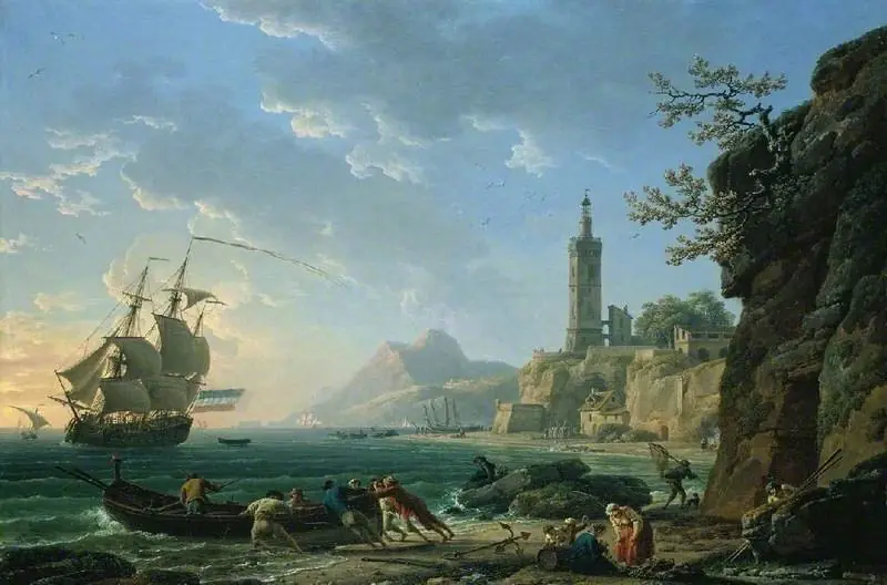 A coastal Mediterranean landscape with a Dutch merchantman in a bay, by Claude-Joseph Vernet