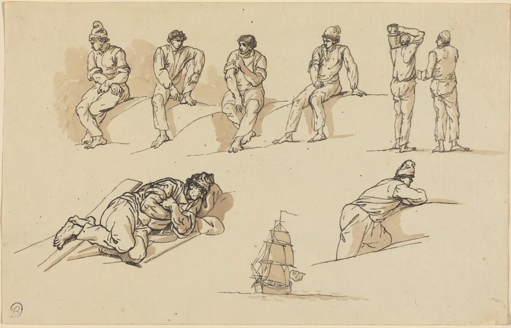 Eight Studies of Figures and a Ship at Sea, by Claude-Joseph Vernet, ink, 1752