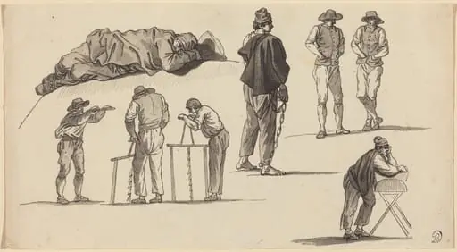 Figure Studies, Including One Man Sleeping on the Ground and Two Men Sawing, by Claude-Joseph Vernet