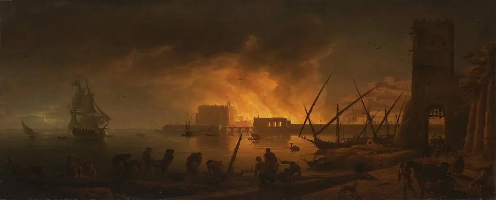 Fire in a marine harbor by night, by Claude-Joseph Vernet