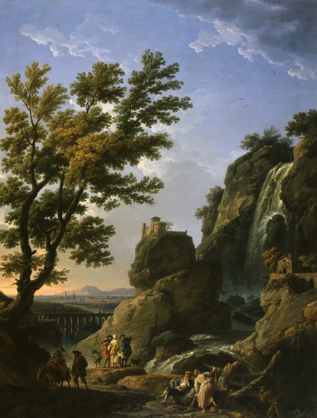 Landscape with Waterfall and Figures, by Claude-Joseph Vernet, oil, 1768