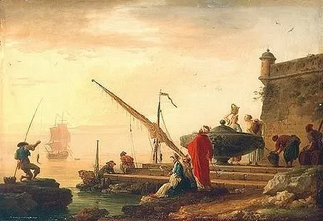 Orientalischer Seehafen bei Sonnenaufgang, by Claude-Joseph Vernet, unspecified