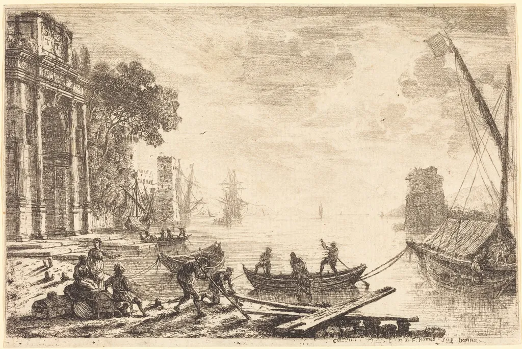 Harbor Scene with Rising Sun (Le soleil levant), by Claude Lorrain, ink, 1634