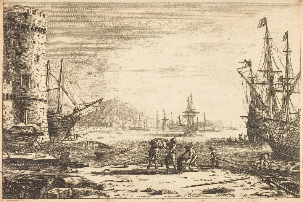 Harbor with a Large Tower (Le Port de mer à la grosse tour), by Claude Lorrain, ink, 1641