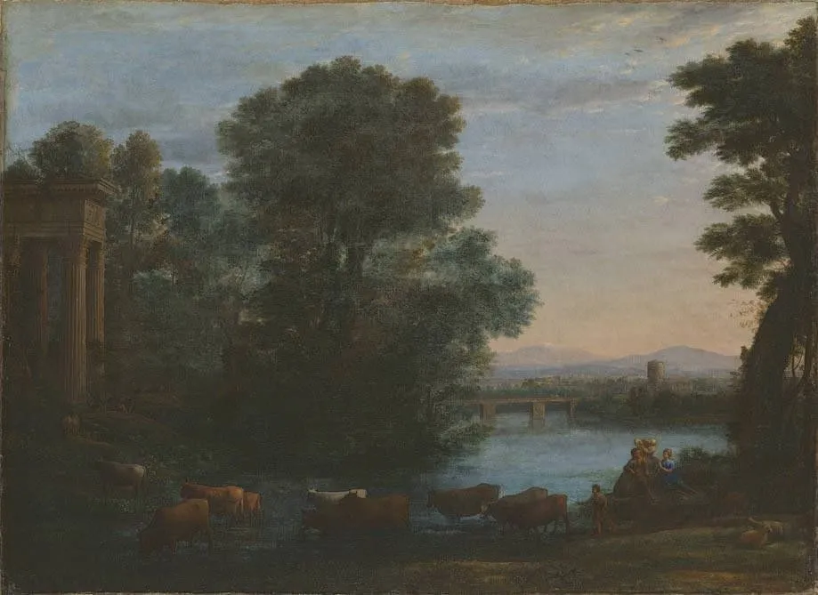 Idyllische Landschaft bei untergehender Sonne, by Claude Lorrain, oil, 1670