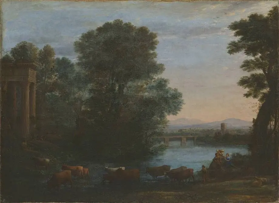 Idyllische Landschaft bei untergehender Sonne, by Claude Lorrain