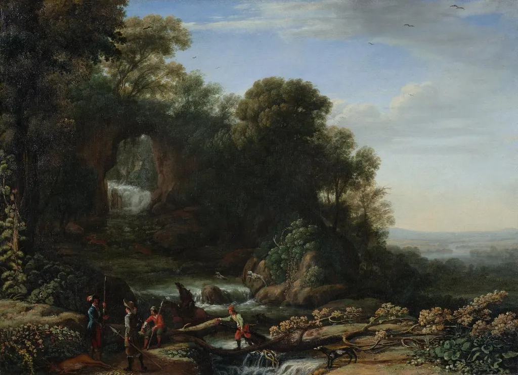 Paysage avec chute d’eau et chasseurs, by Claude Lorrain, oil, 1633