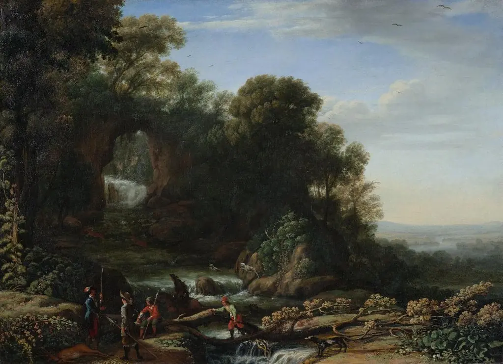 Paysage avec chute d’eau et chasseurs, by Claude Lorrain